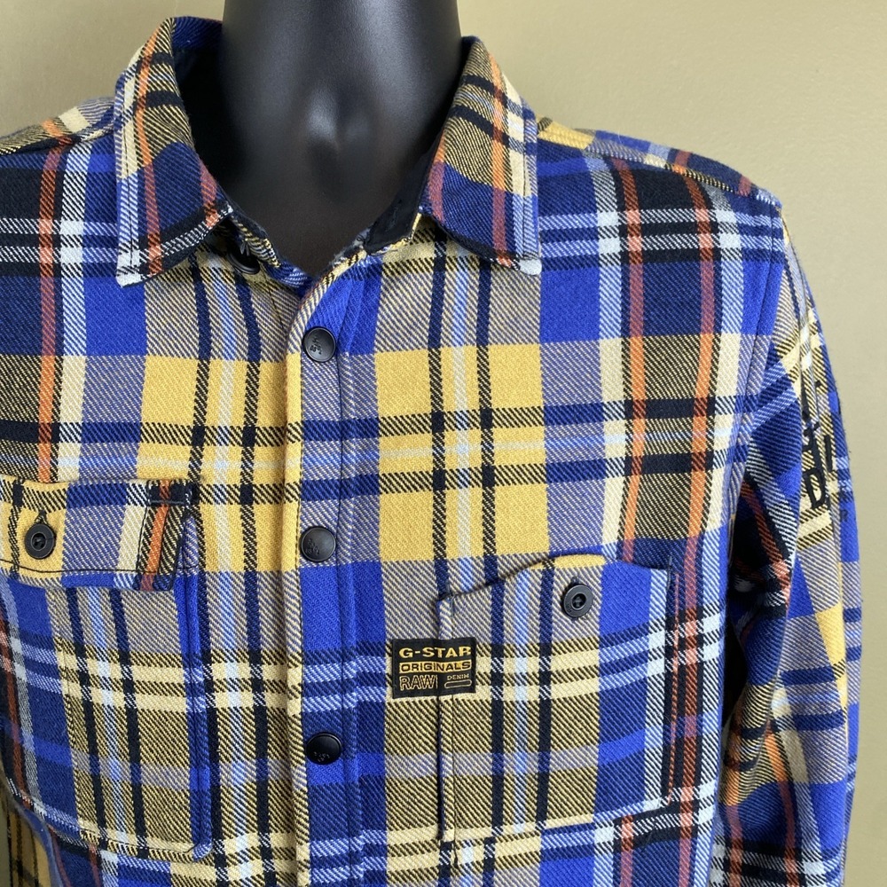 G-Star RAW Denim Snap Button Up Flannel Shirt Mens Large Blue Plaid Streetwear